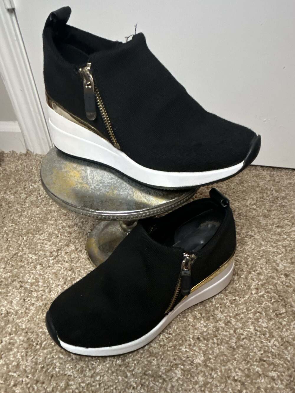 DKNY Black Knit Wedge Sneakers with Side Zip